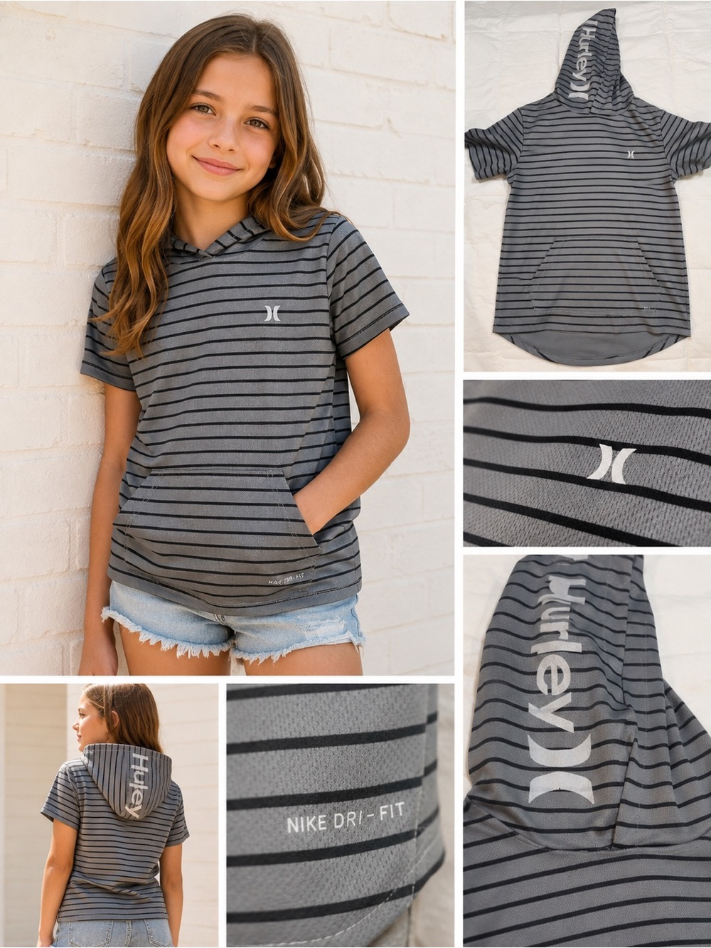 Hurley Youth Gray Striped Dri-FIT Short Sleeve Hoodie M (10-12)